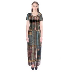 Seamless Pattern With Flower Bird Short Sleeve Maxi Dress