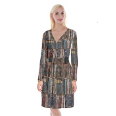 Seamless Pattern With Flower Bird Long Sleeve Velvet Front Wrap Dress