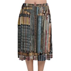 Seamless Pattern With Flower Bird Velvet Flared Midi Skirt