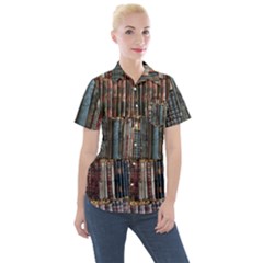 Seamless Pattern With Flower Bird Women s Short Sleeve Pocket Shirt