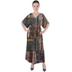 Seamless Pattern With Flower Bird V-Neck Boho Style Maxi Dress