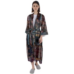 Seamless Pattern With Flower Bird Maxi Satin Kimono