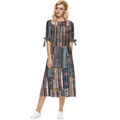 Artistic Psychedelic Hippie Peace Sign Trippy Bow Sleeve Chiffon Midi Dress