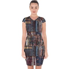 Abstract Colorful Texture Capsleeve Drawstring Dress 