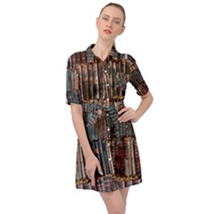 Abstract Colorful Texture Belted Shirt Dress