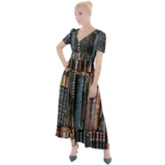 Abstract Colorful Texture Button Up Short Sleeve Maxi Dress