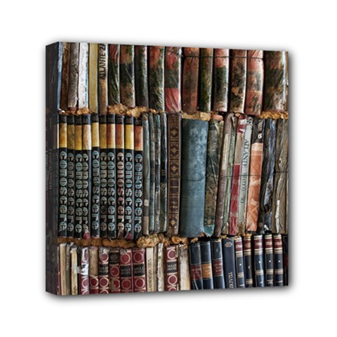 Assorted Title Of Books Piled In The Shelves Assorted Book Lot Inside The Wooden Shelf Mini Canvas 6  x 6  (Stretched)