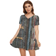 Abstract Colorful Texture Tiered Short Sleeve Babydoll Dress