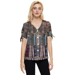 Abstract Colorful Texture Bow Sleeve Button Up Top