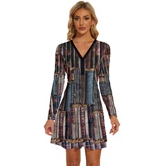 Abstract Colorful Texture Long Sleeve Deep V Mini Dress 