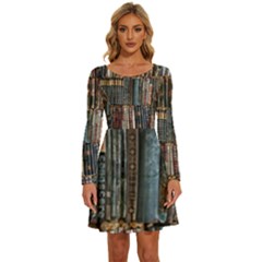 Abstract Colorful Texture Long Sleeve Wide Neck Velvet Dress