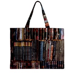 Assorted Title Of Books Piled In The Shelves Assorted Book Lot Inside The Wooden Shelf Zipper Mini Tote Bag by Bedest
