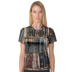 Assorted Title Of Books Piled In The Shelves Assorted Book Lot Inside The Wooden Shelf V-neck Sport Mesh T-shirt