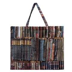 Assorted Title Of Books Piled In The Shelves Assorted Book Lot Inside The Wooden Shelf Zipper Large Tote Bag