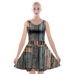 Assorted Title Of Books Piled In The Shelves Assorted Book Lot Inside The Wooden Shelf Velvet Skater Dress by Bedest