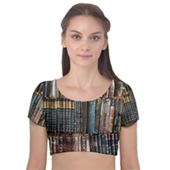 Assorted Title Of Books Piled In The Shelves Assorted Book Lot Inside The Wooden Shelf Velvet Short Sleeve Crop Top 