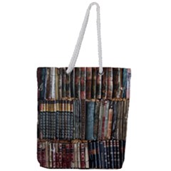 Assorted Title Of Books Piled In The Shelves Assorted Book Lot Inside The Wooden Shelf Full Print Rope Handle Tote (large) by Bedest