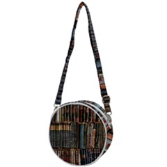 Assorted Title Of Books Piled In The Shelves Assorted Book Lot Inside The Wooden Shelf Crossbody Circle Bag