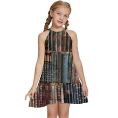 Assorted Title Of Books Piled In The Shelves Assorted Book Lot Inside The Wooden Shelf Kids  Halter Collar Waist Tie Chiffon Dress