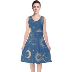 Asian Seamless Galaxy Pattern V-neck Midi Sleeveless Dress 