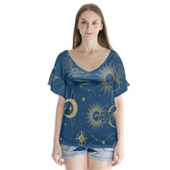 Asian Seamless Galaxy Pattern V-neck Flutter Sleeve Top