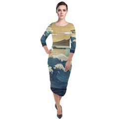 Sea Asia Waves Japanese Art The Great Wave Off Kanagawa Quarter Sleeve Midi Velour Bodycon Dress by Cemarart