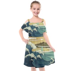 Sea Asia Waves Japanese Art The Great Wave Off Kanagawa Kids  Cut Out Shoulders Chiffon Dress by Cemarart