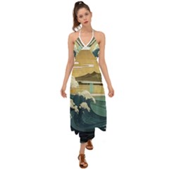 Sea Asia Waves Japanese Art The Great Wave Off Kanagawa Halter Tie Back Dress 