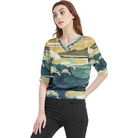 Sea Asia Waves Japanese Art The Great Wave Off Kanagawa Quarter Sleeve Blouse by Cemarart