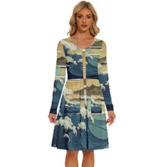 Sea Asia Waves Japanese Art The Great Wave Off Kanagawa Long Sleeve Dress With Pocket by Cemarart