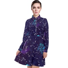 Realistic Night Sky With Constellations Long Sleeve Chiffon Shirt Dress