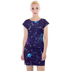 Realistic Night Sky With Constellations Cap Sleeve Bodycon Dress