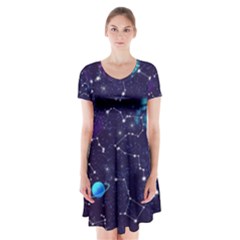 Realistic Night Sky With Constellations Short Sleeve V-neck Flare Dress