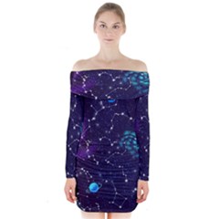 Realistic Night Sky With Constellations Long Sleeve Off Shoulder Dress