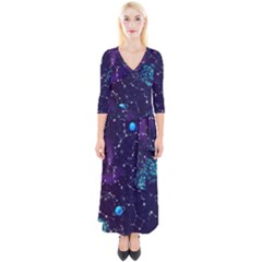 Realistic Night Sky With Constellations Quarter Sleeve Wrap Maxi Dress