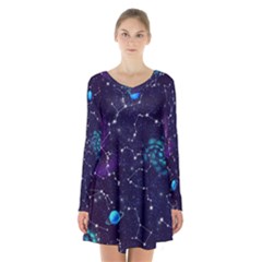 Realistic Night Sky With Constellations Long Sleeve Velvet V-neck Dress