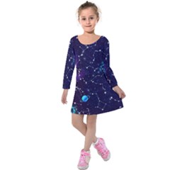 Realistic Night Sky With Constellations Kids  Long Sleeve Velvet Dress