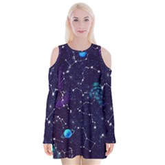 Realistic Night Sky With Constellations Velvet Long Sleeve Shoulder Cutout Dress