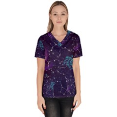 Realistic Night Sky With Constellations Women s V-Neck Scrub Top