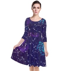 Realistic Night Sky With Constellations Quarter Sleeve Waist Band Dress