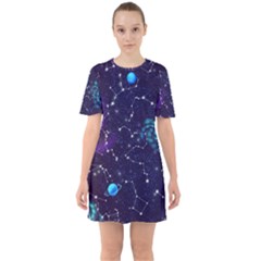 Realistic Night Sky With Constellations Sixties Short Sleeve Mini Dress