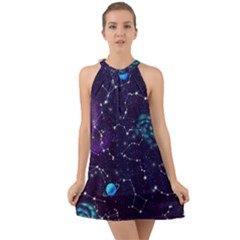 Realistic Night Sky With Constellations Halter Tie Back Chiffon Dress