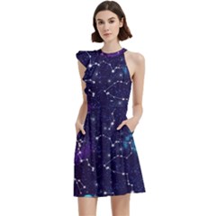 Realistic Night Sky With Constellations Cocktail Party Halter Sleeveless Dress With Pockets