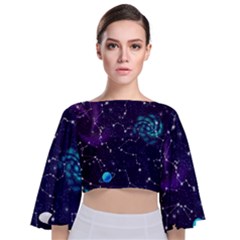 Realistic Night Sky With Constellations Tie Back Butterfly Sleeve Chiffon Top