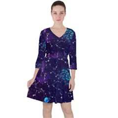 Realistic Night Sky With Constellations Quarter Sleeve Ruffle Waist Dress