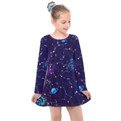 Realistic Night Sky With Constellations Kids  Long Sleeve Dress