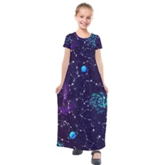 Realistic Night Sky With Constellations Kids  Short Sleeve Maxi Dress