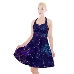 Realistic Night Sky With Constellations Halter Party Swing Dress 