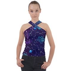 Realistic Night Sky With Constellations Cross Neck Velour Top