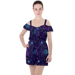 Realistic Night Sky With Constellations Ruffle Cut Out Chiffon Playsuit